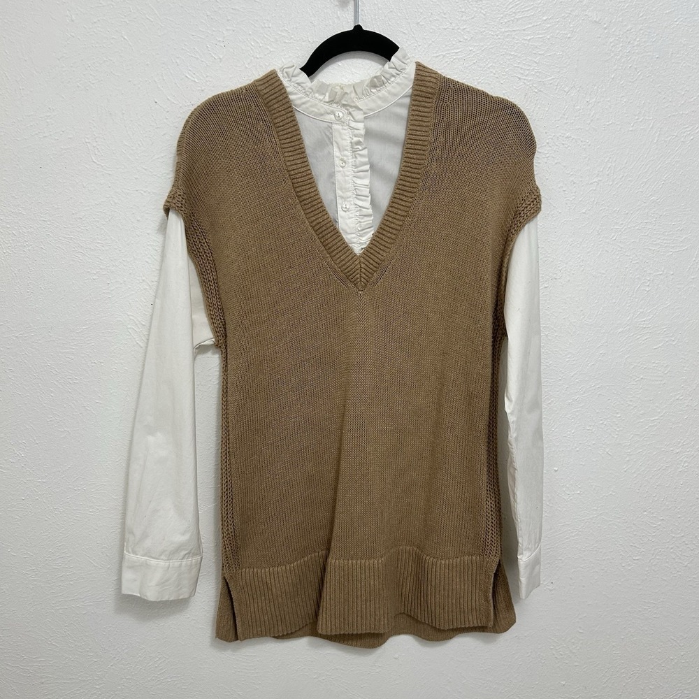 LOFT Tan Mixed Media Sweater Top Ruffle Collar Layered 100% Cotton Size M Preppy